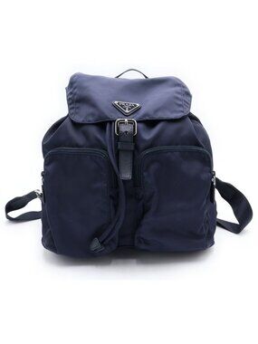 Prada Tessuto Nylon Logo Triangle Plate Backpack Navy Silver